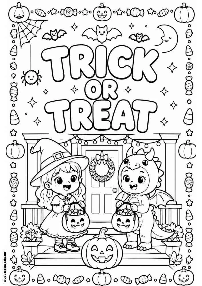 Trick or Treat text with two costumed kids, pumpkins, bats, candy, porch, and Halloween border.