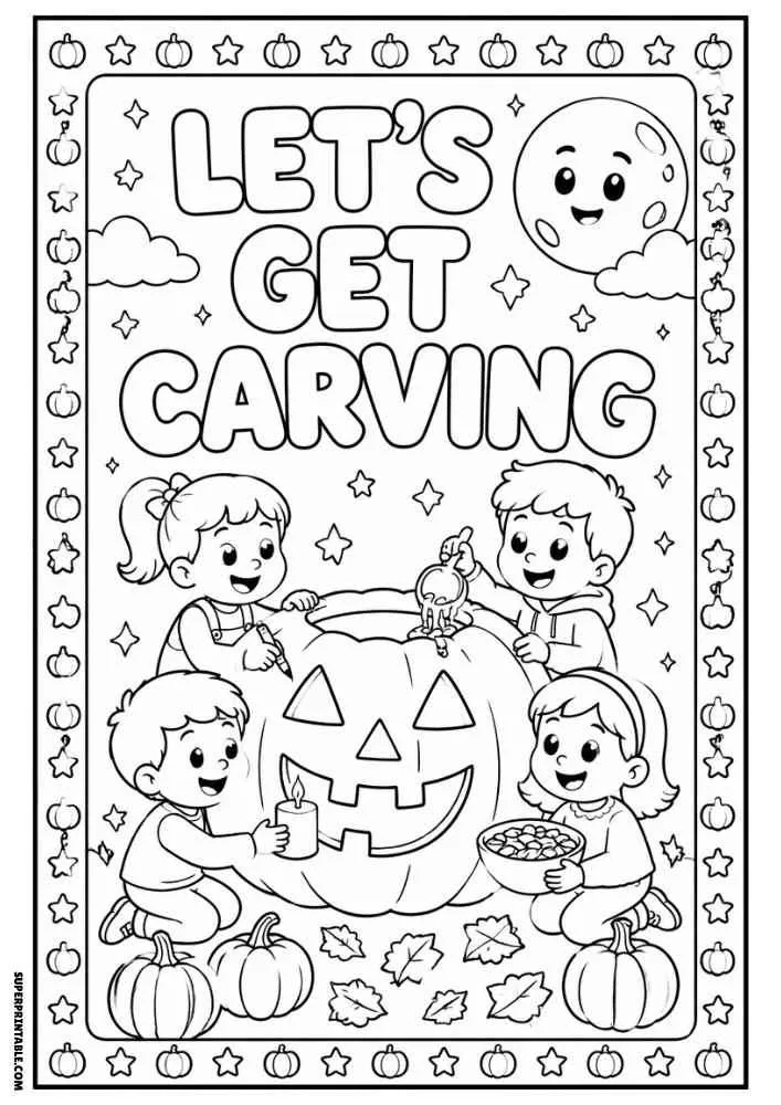 Let's Get Carving text with four kids carving a large pumpkin and autumn leaves.