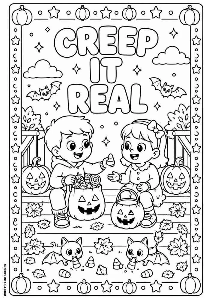 Creep It Real text with two kids, pumpkins, candy bucket, bats, and candy corn.