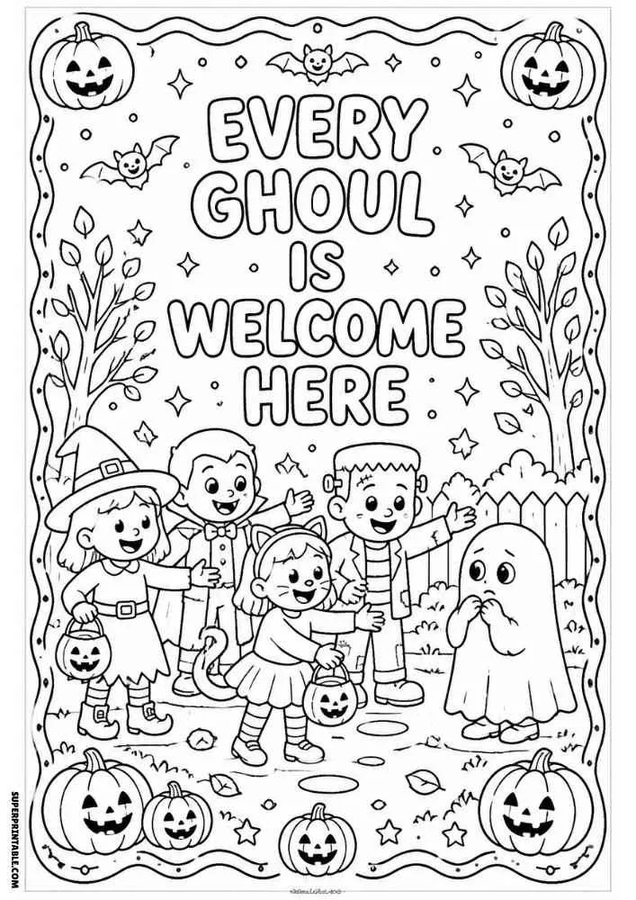 Every Ghoul Is Welcome Here text with kids in costumes greeting a ghost.