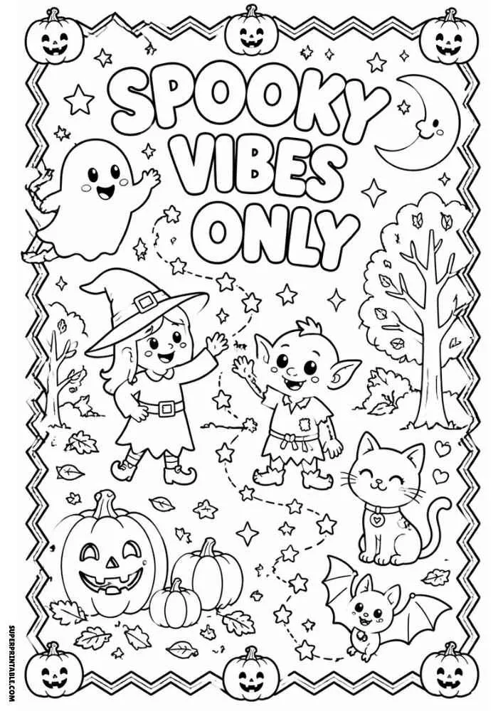 Spooky Vibes Only text with witch, monster, ghost, cat, pumpkins, and stars.