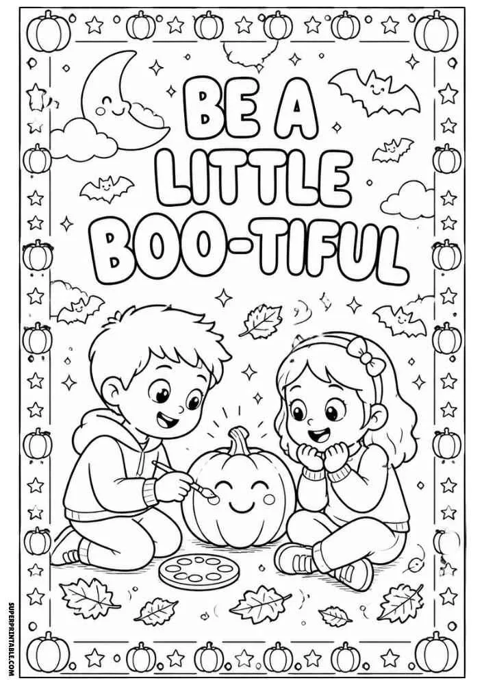 Be a Little Boo-tiful text with two children painting a smiling pumpkin.