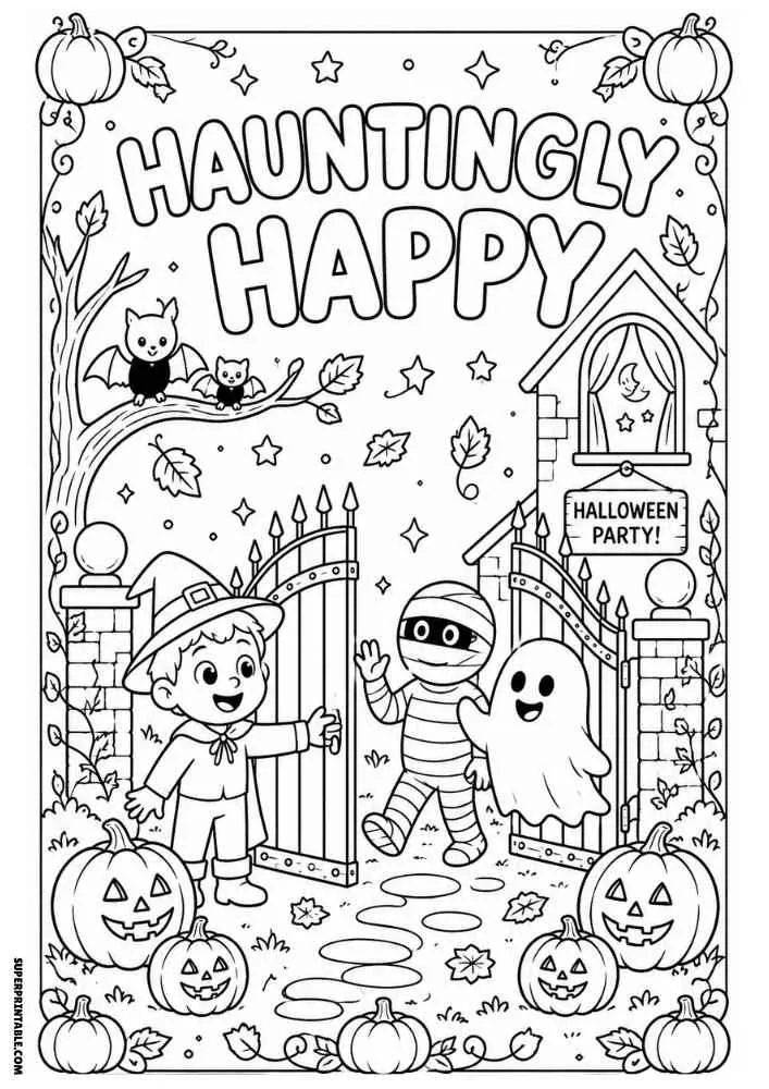 Hauntingly Happy text with witch child, mummy, ghost, pumpkins, and party gate.