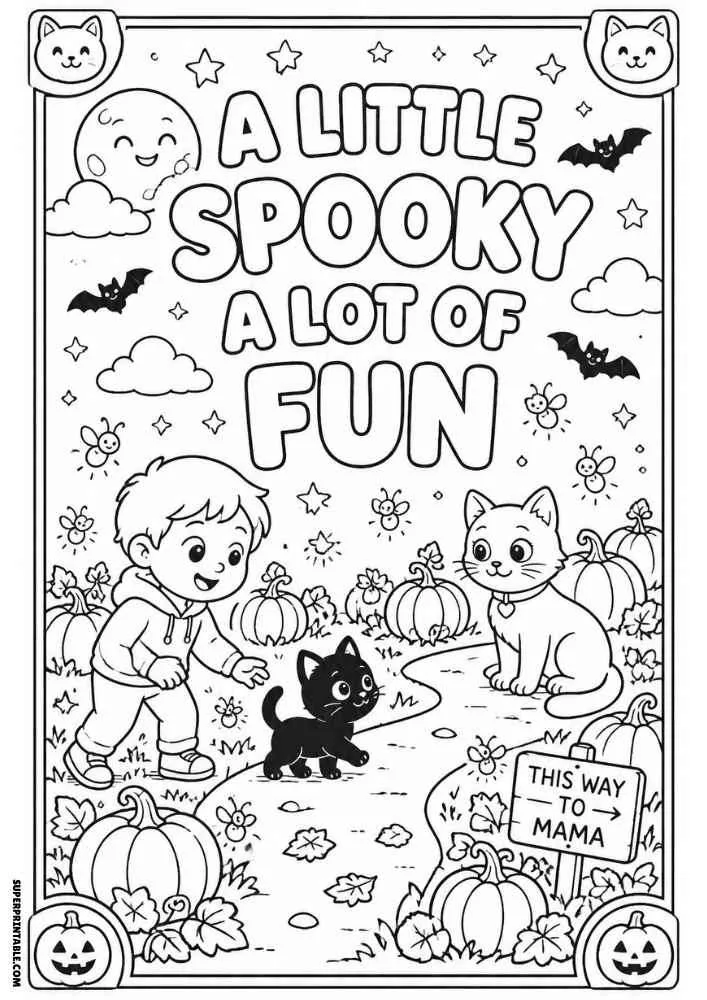 A Little Spooky A Lot of Fun text with child, cats, pumpkins, bats, and moon.