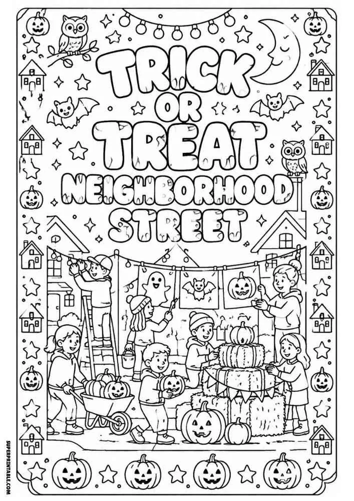 Trick or Treat Neighborhood Street text with families decorating pumpkins and Halloween displays.