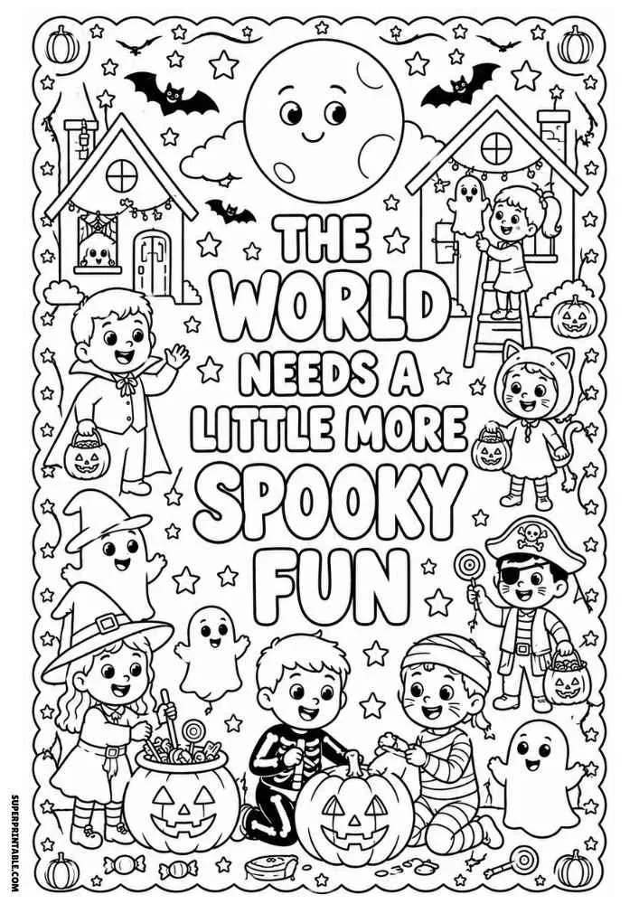 The World Needs a Little More Spooky Fun text with costumed kids, pumpkins, and ghosts.
