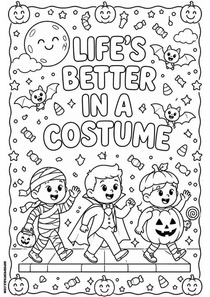 Life's Better in a Costume text with three costumed kids, bats, pumpkins, and candy.
