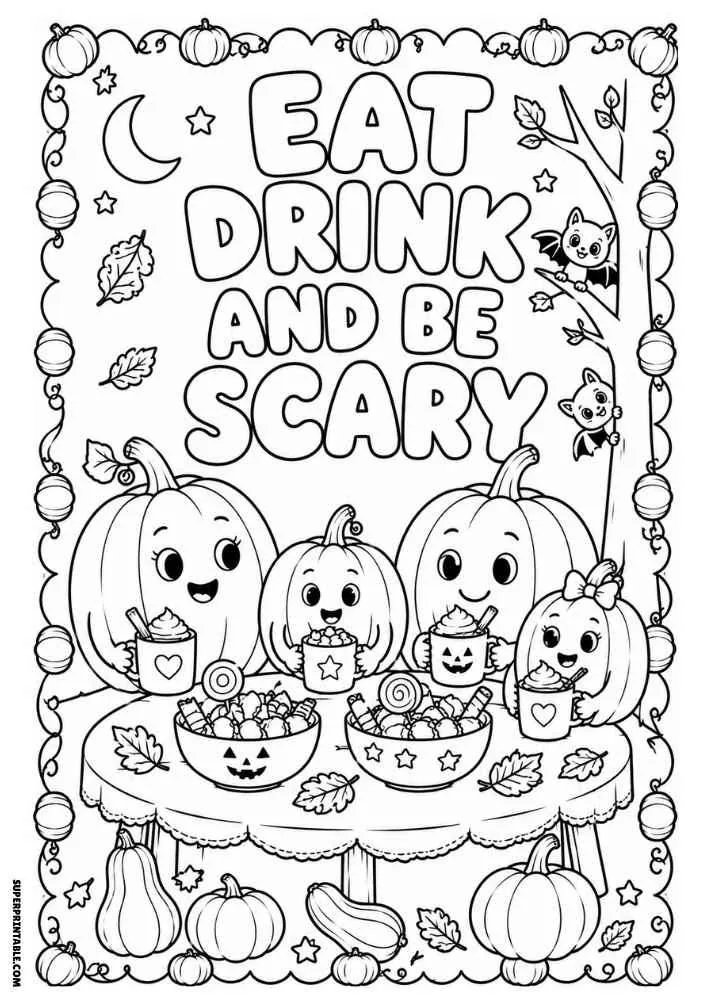 Eat Drink and Be Scary text with smiling pumpkins, candy table, bats, and leaves.