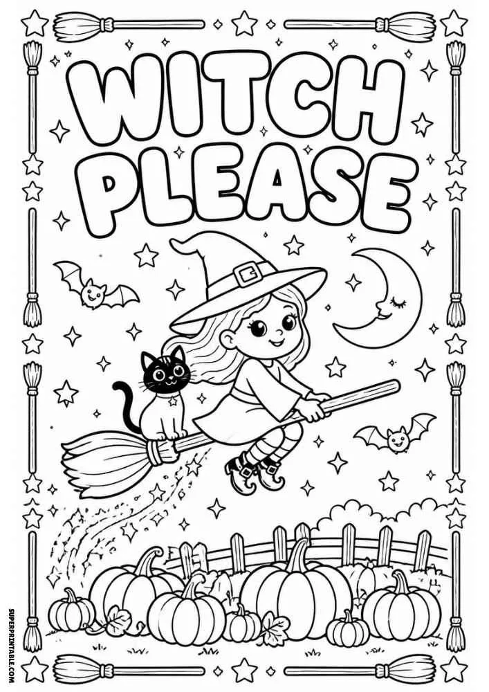 Witch Please text with flying witch, black cat, pumpkins, bats, stars, and moon.