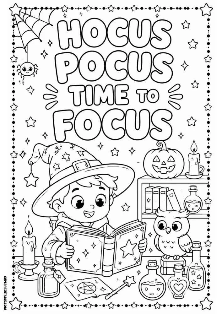 Hocus Pocus Time to Focus text with wizard, owl, potions, candles, and spell book.