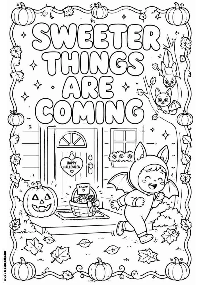 Sweeter Things Are Coming text with bat costume child, candy basket, pumpkins, and bats.