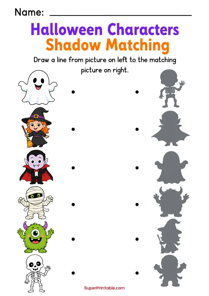 A Halloween shadow matching worksheet featuring a ghost, witch, vampire, mummy, monster, and skeleton that children match to their shadow silhouettes.