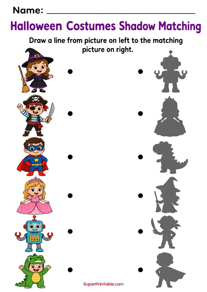 A Halloween shadow matching worksheet with costume characters including a witch, pirate, superhero, princess, robot, and dinosaur matched to shadow outlines.