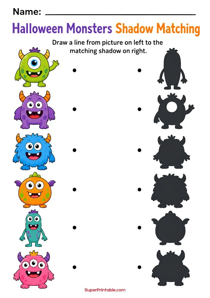A Halloween shadow matching worksheet featuring six colorful cartoon monsters and their corresponding shadow silhouettes for children to match.