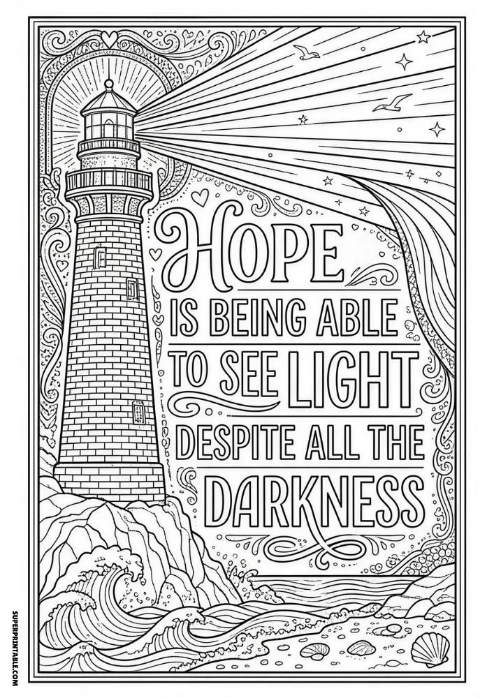 Lighthouse and ocean scene with inspirational quote coloring design.