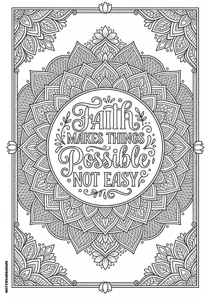 Detailed mandala coloring page with faith-centered inspirational quote.
