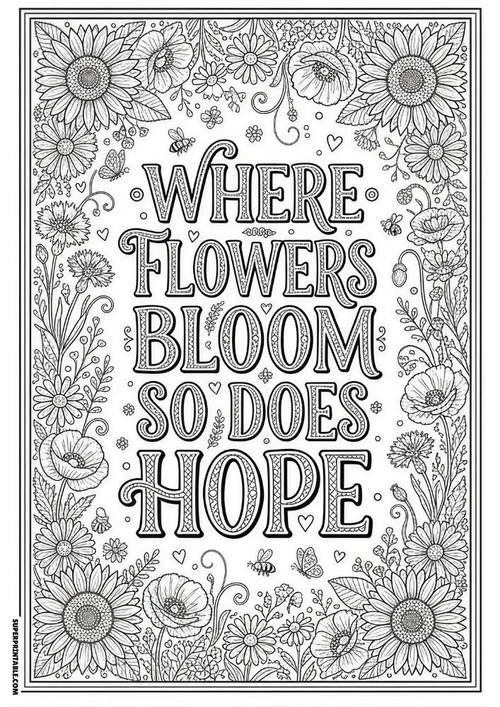 Floral garden coloring page with bees, butterflies, and uplifting message.