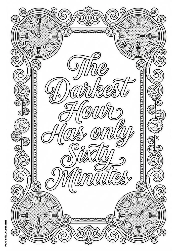 Ornate clock-themed coloring page with encouraging quote about perseverance.