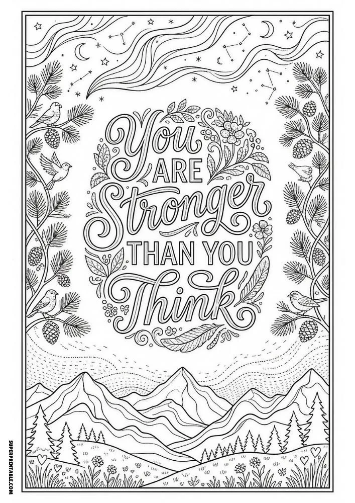 Nature-inspired coloring page with mountains, birds, and motivational words.