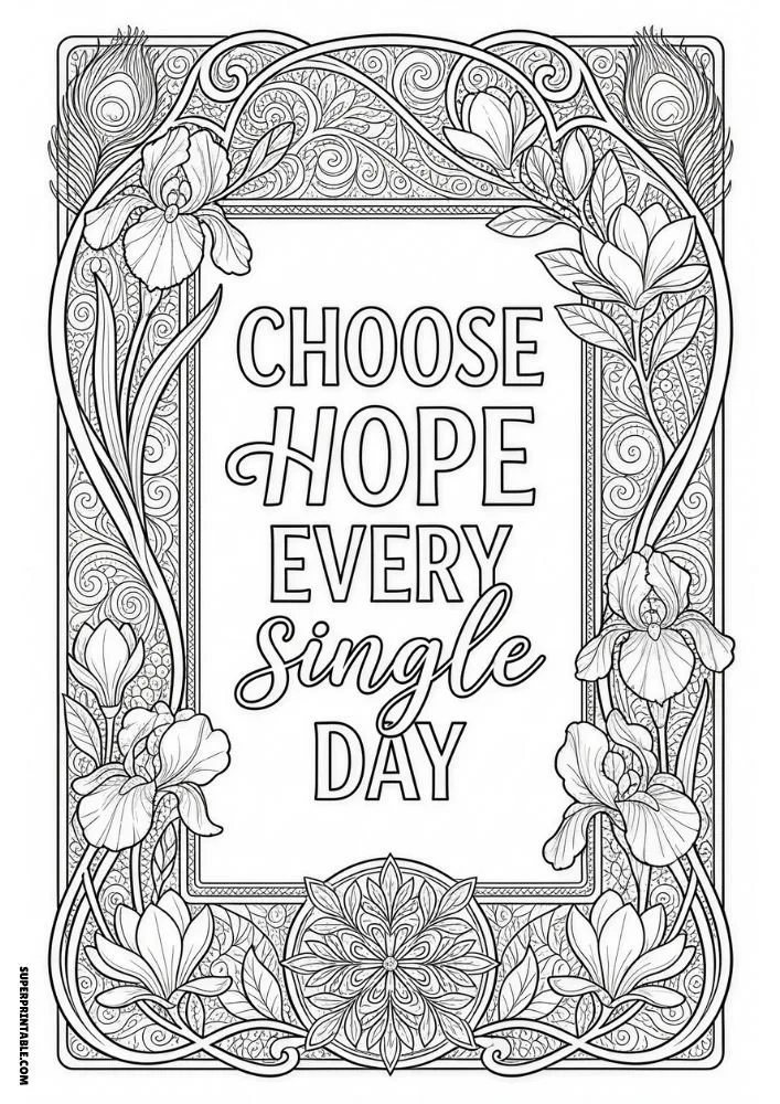 Floral Art Nouveau-style coloring page with an inspirational message.