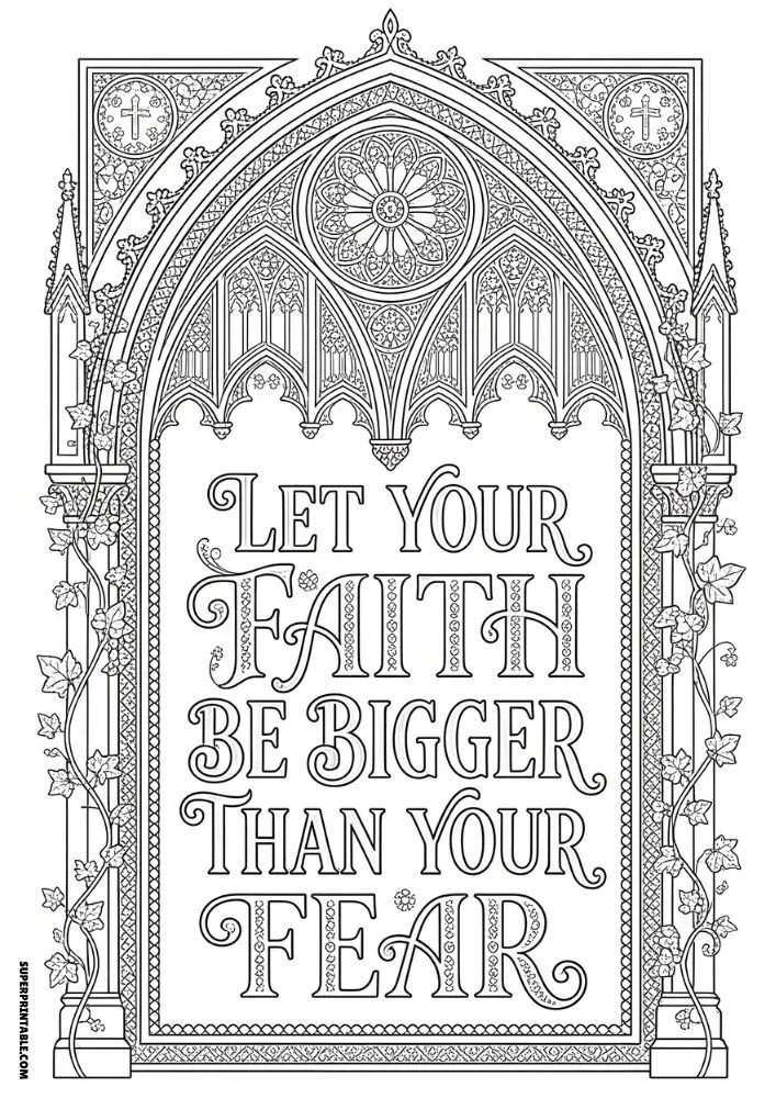 Cathedral-inspired coloring page with ornate architecture and faith-based quote.