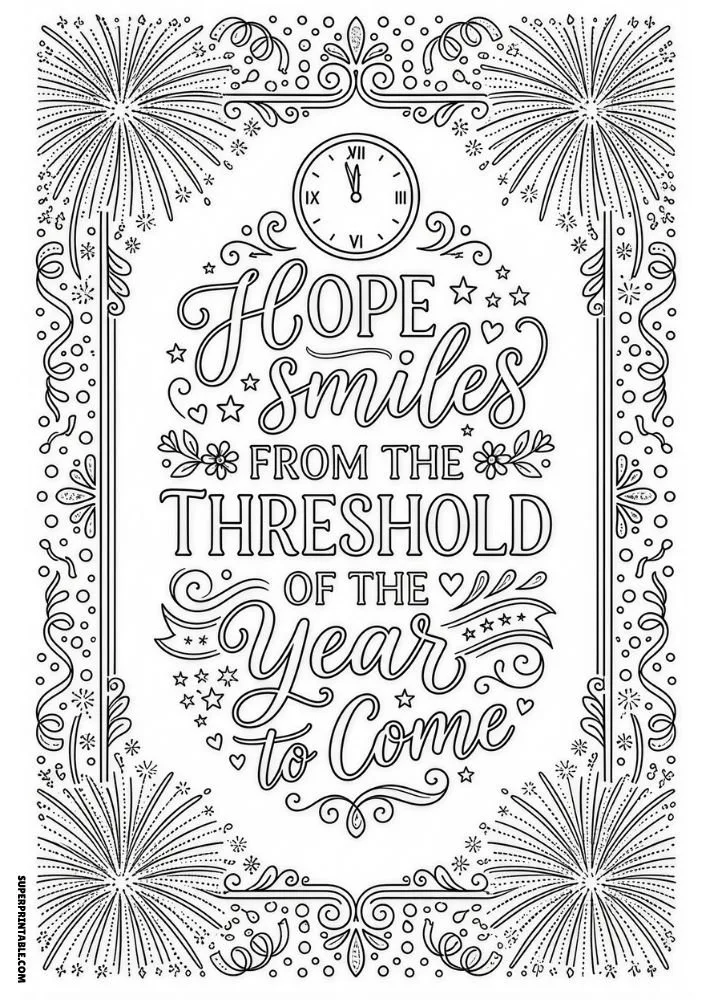 New Year celebration coloring page with fireworks and hopeful message.