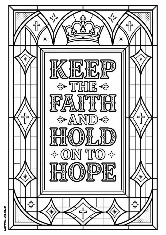 Faith-based coloring page featuring a stained-glass cathedral window and an inspirational hope quote.