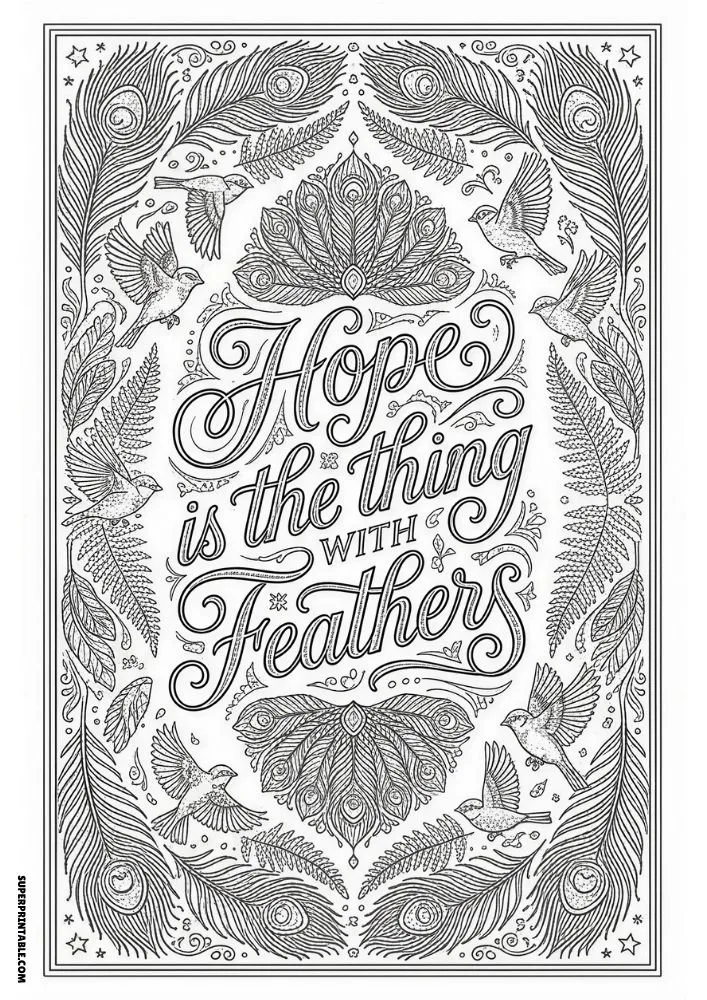 Intricate feather and bird-themed coloring page with a decorative inspirational quote about hope.