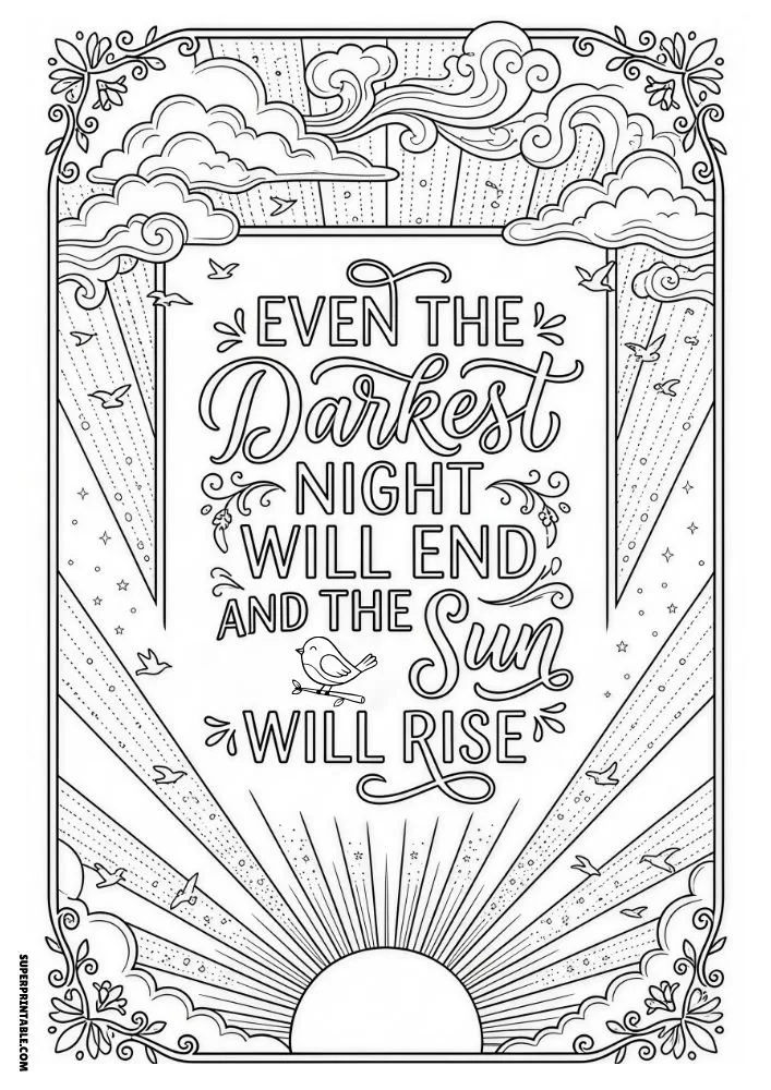 Inspirational sunrise coloring page with clouds, birds, and hopeful typography.