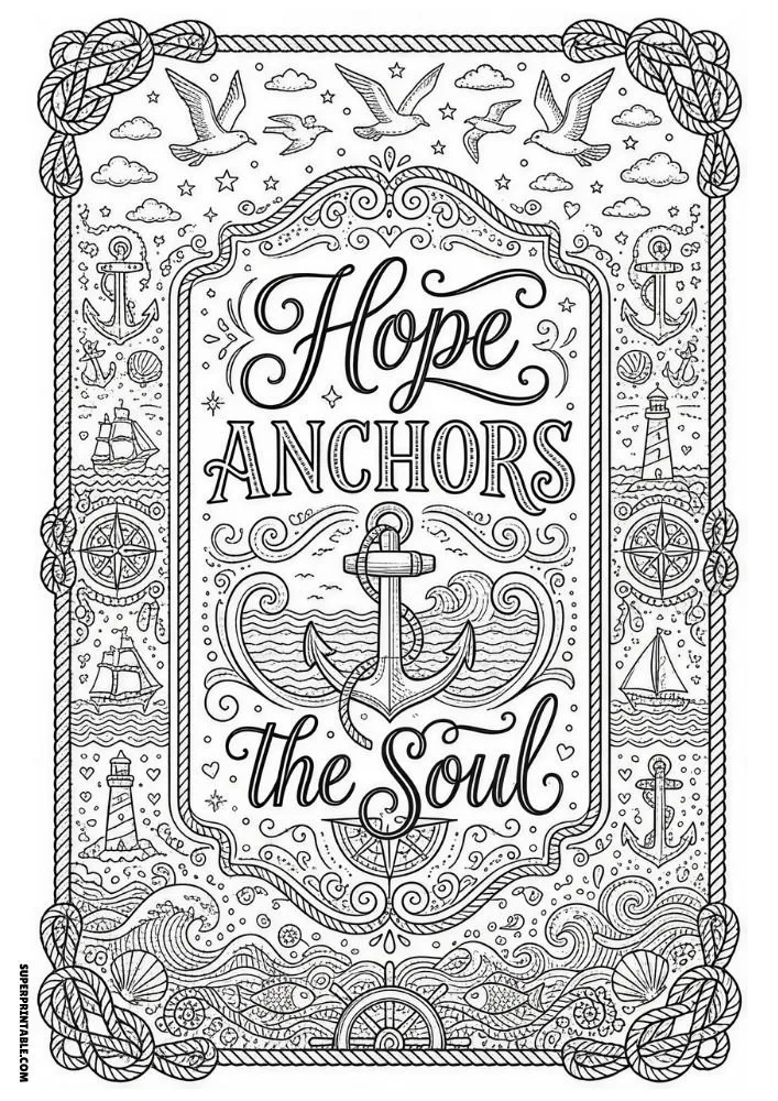 Anchor-themed coloring page with ships, lighthouses, waves, and decorative rope border.