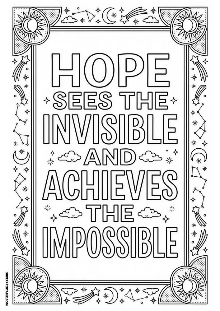 Moon, stars, constellations, and motivational quote coloring page.