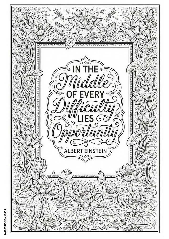 Peaceful lotus pond coloring page with inspirational Einstein quote.