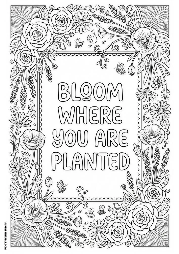 Flower-filled coloring page featuring roses, daisies, and butterflies.