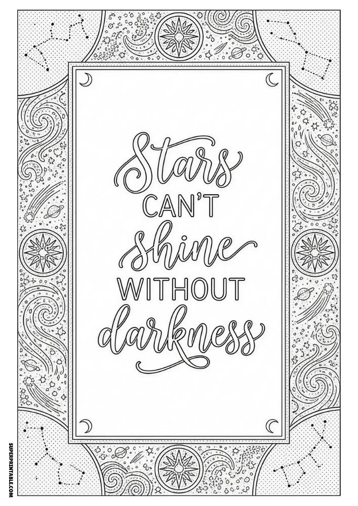 Space-themed coloring page with stars, planets, and inspirational lettering.