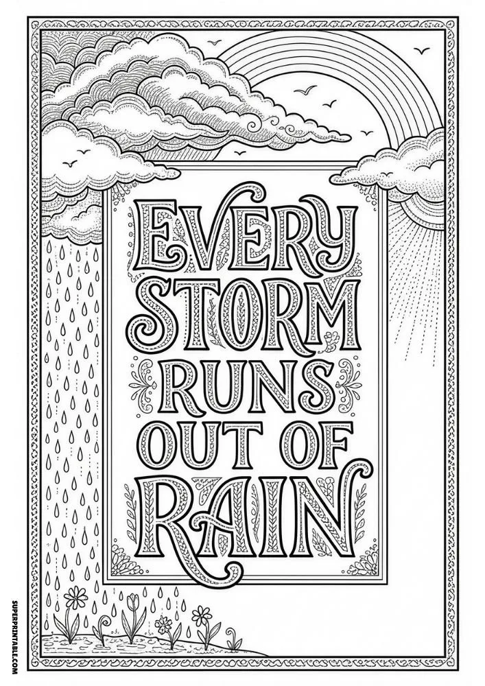 Weather-themed coloring page with rainbow and hopeful message.