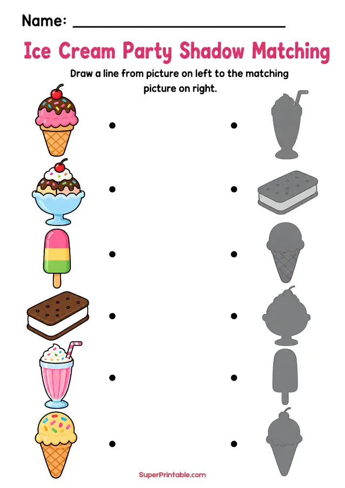 Ice Cream Party shadow matching worksheet featuring ice cream cones, sundaes, milkshakes, popsicles, and matching silhouettes.