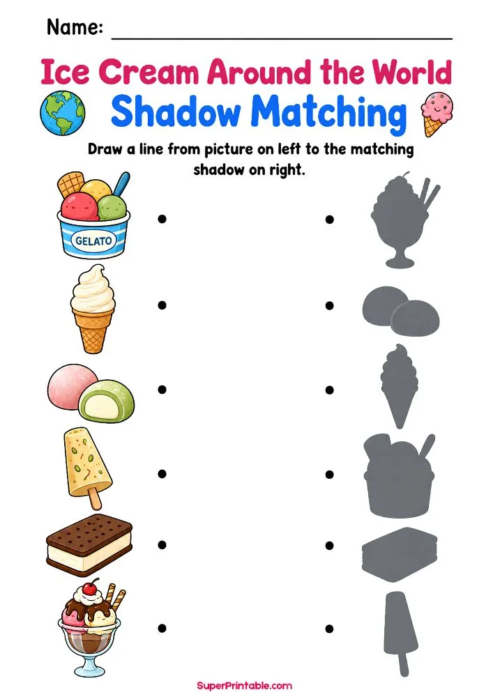 Ice Cream Around the World shadow matching worksheet featuring gelato, soft serve, mochi ice cream, popsicles, ice cream sandwiches, and matching shadows.