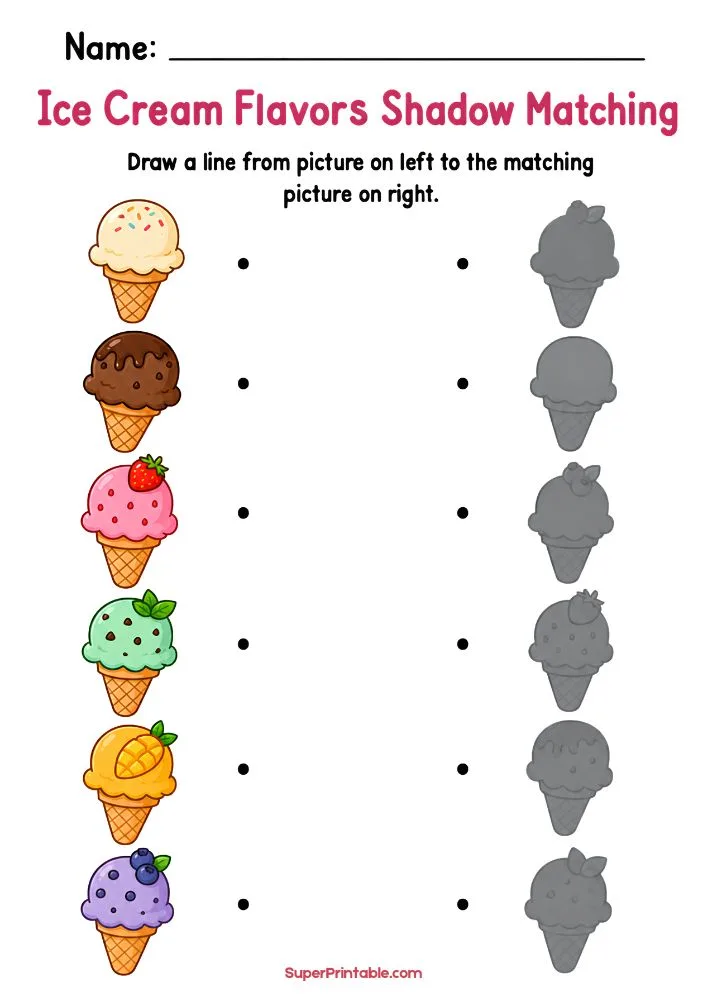 Ice Cream Flavors shadow matching worksheet featuring vanilla, chocolate, strawberry, mint, mango, and blueberry ice cream cones with matching shadows.