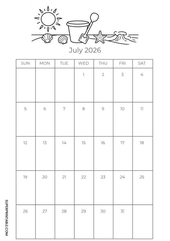 July 2026 calendar with a beach bucket, shovel, shells, starfish, sun, and monthly grid.