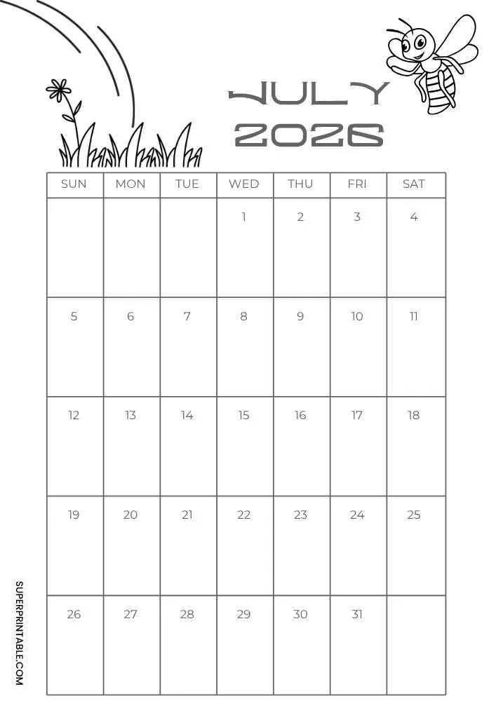 July 2026 calendar with a bee, flower, grass, and monthly grid.
