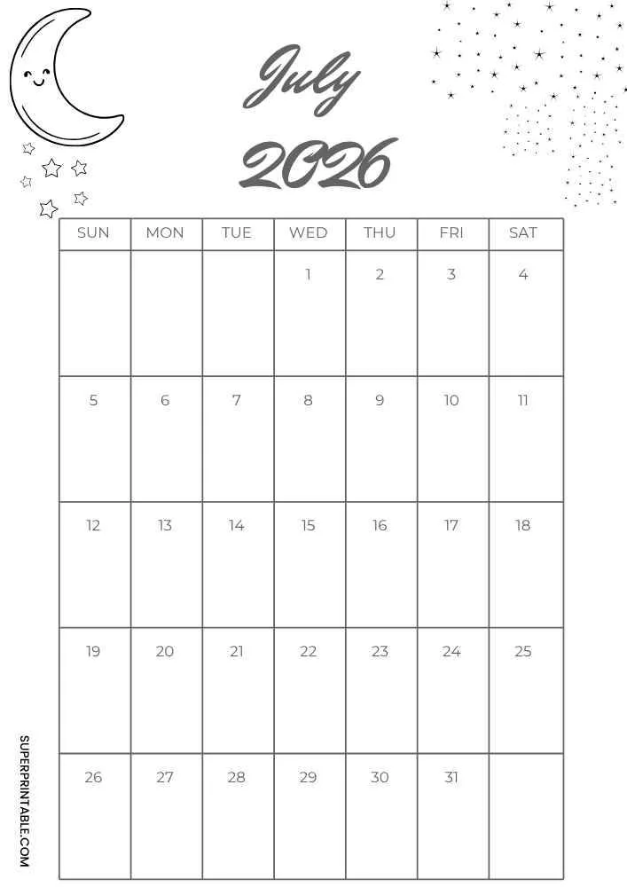 July 2026 calendar with smiling moon, stars, and monthly grid.