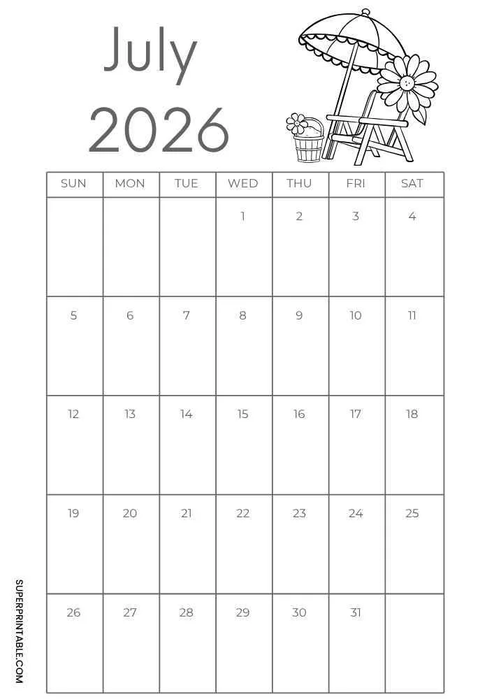 July 2026 calendar with beach chair, umbrella, flowers, and monthly grid.