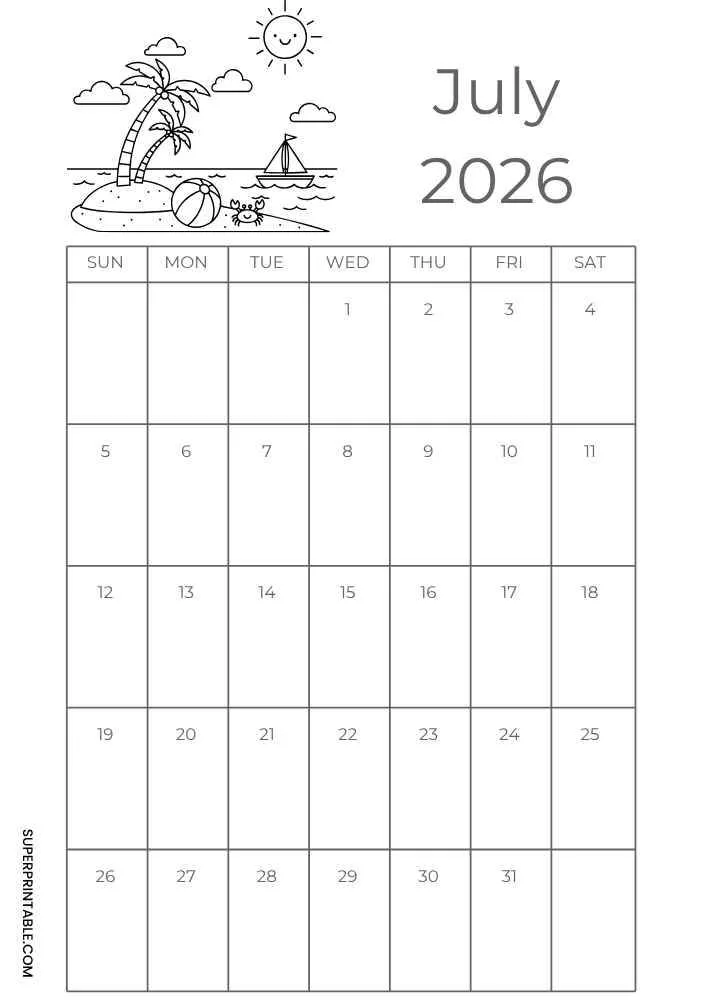 July 2026 calendar with a tropical island, palm trees, sailboat, crab, and monthly grid.