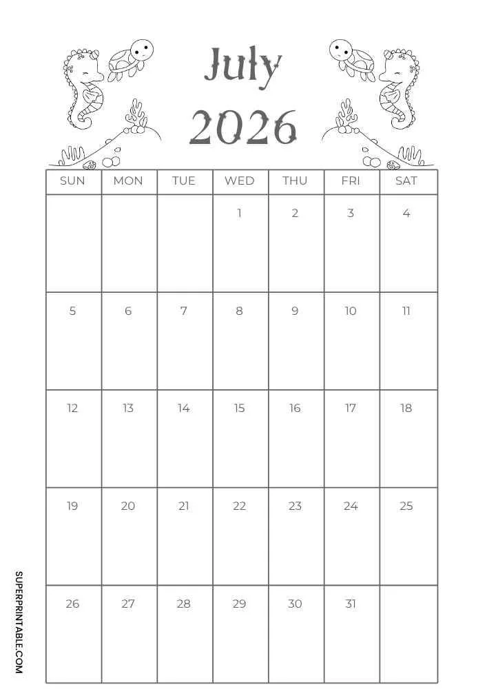 July 2026 calendar with sea turtles, seahorses, coral, and monthly grid.