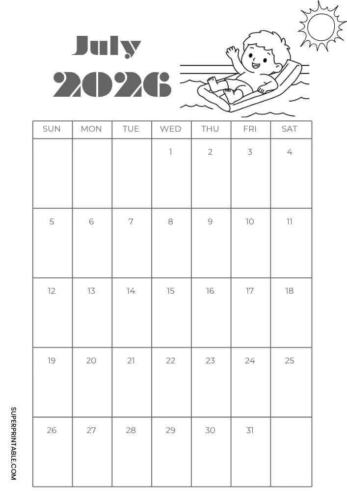 July 2026 calendar with a child on a pool float, sun, and monthly grid.
