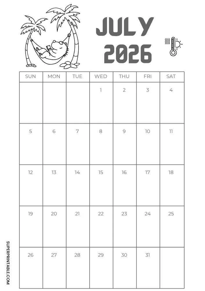 July 2026 calendar with hammock, palm trees, thermometer, and monthly grid.