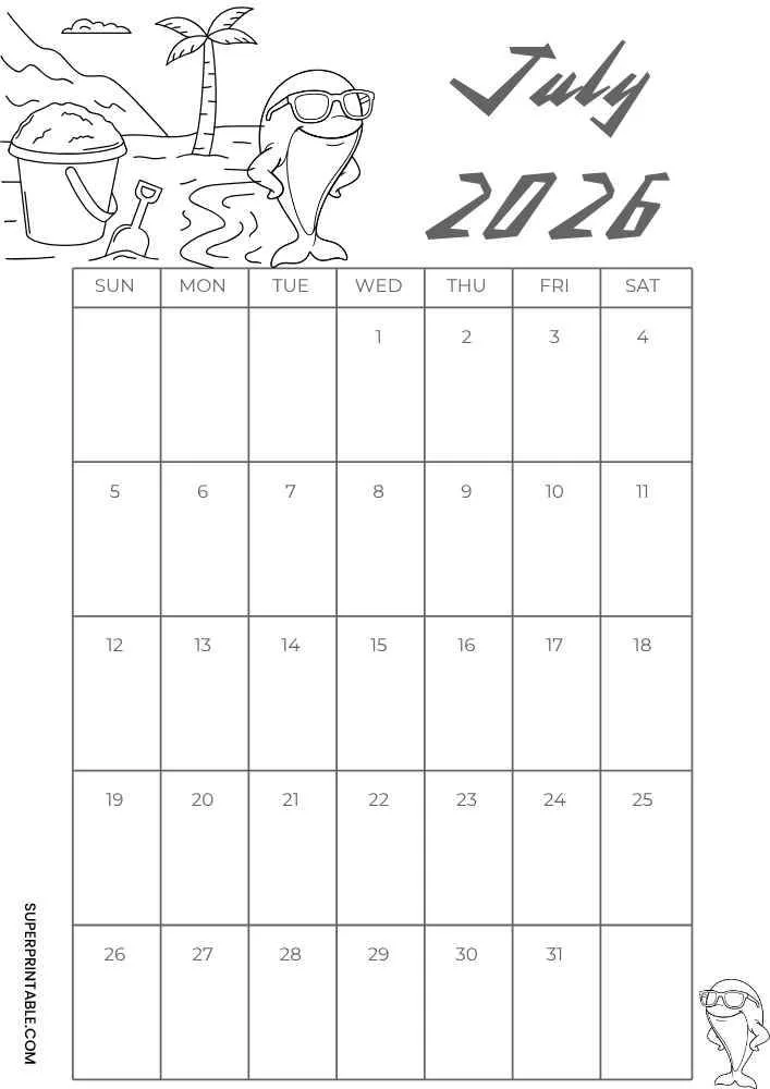 July 2026 calendar with beach character, sunglasses, sand bucket, palm tree, and grid.