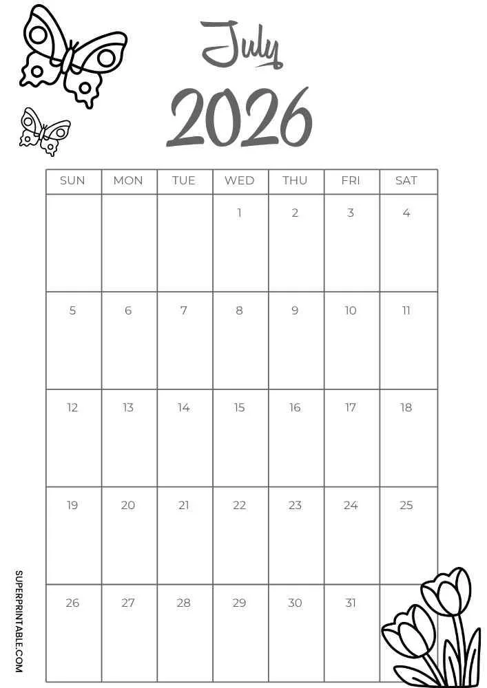 July 2026 calendar with butterflies, tulips, and monthly grid.