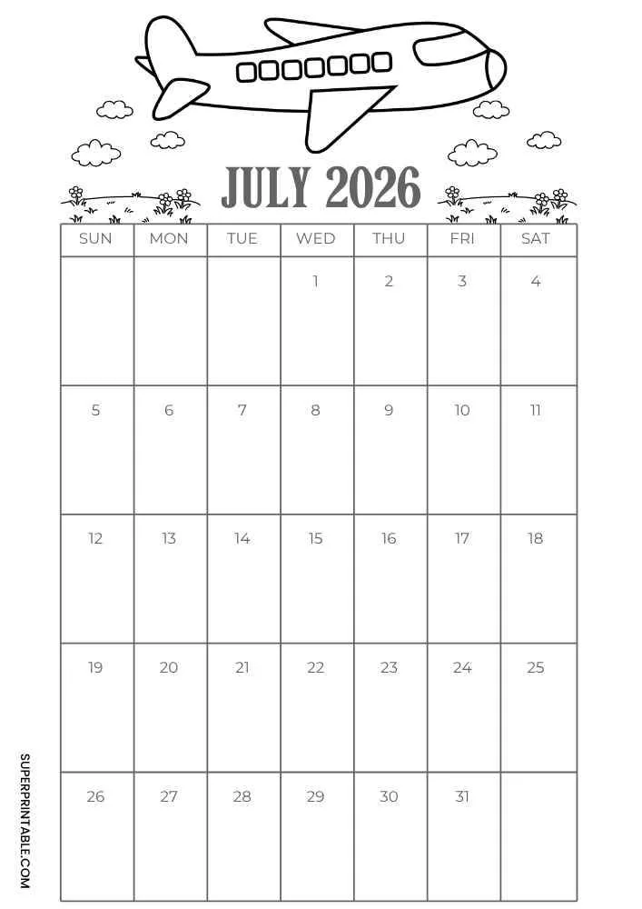 July 2026 calendar with airplane, clouds, flowers, and monthly grid.