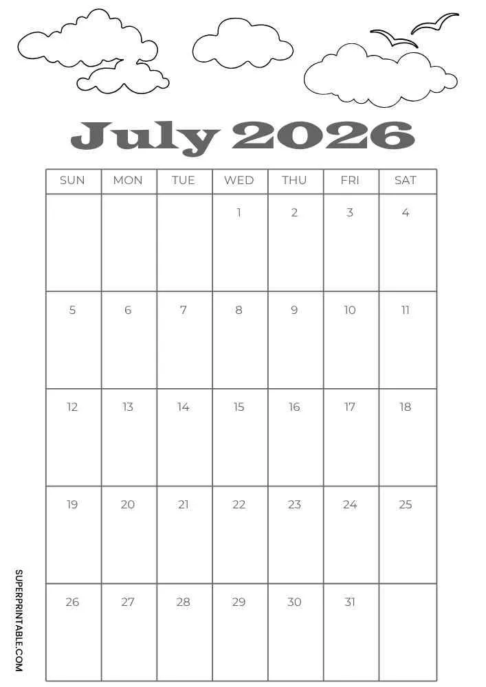 July 2026 calendar with clouds, birds, and monthly grid.